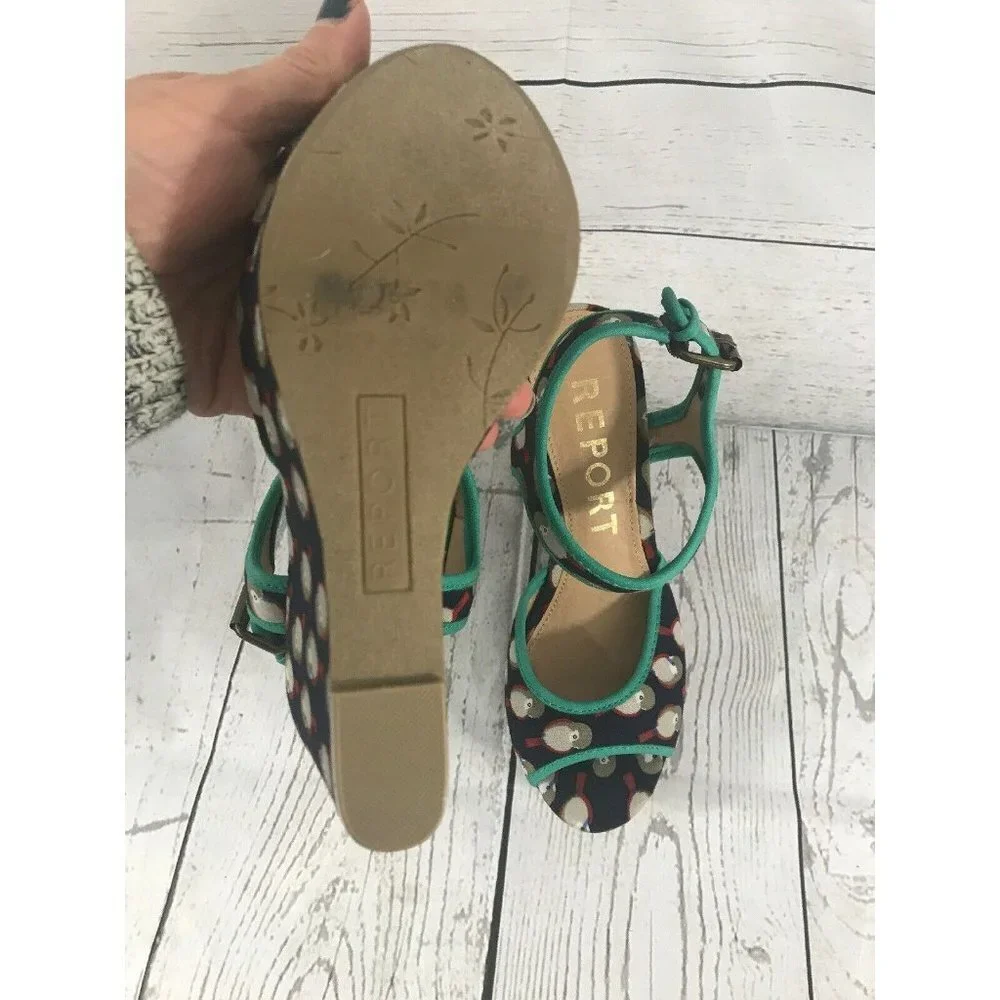 Report SHALA Navy Blue Bird Wedge Heel Sandals
